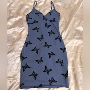 Blue Dress with Black Butterfly Print